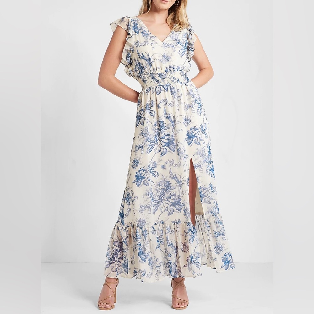 NWOT Express Printed V-Neck Ruffle Floral Maxi Dress